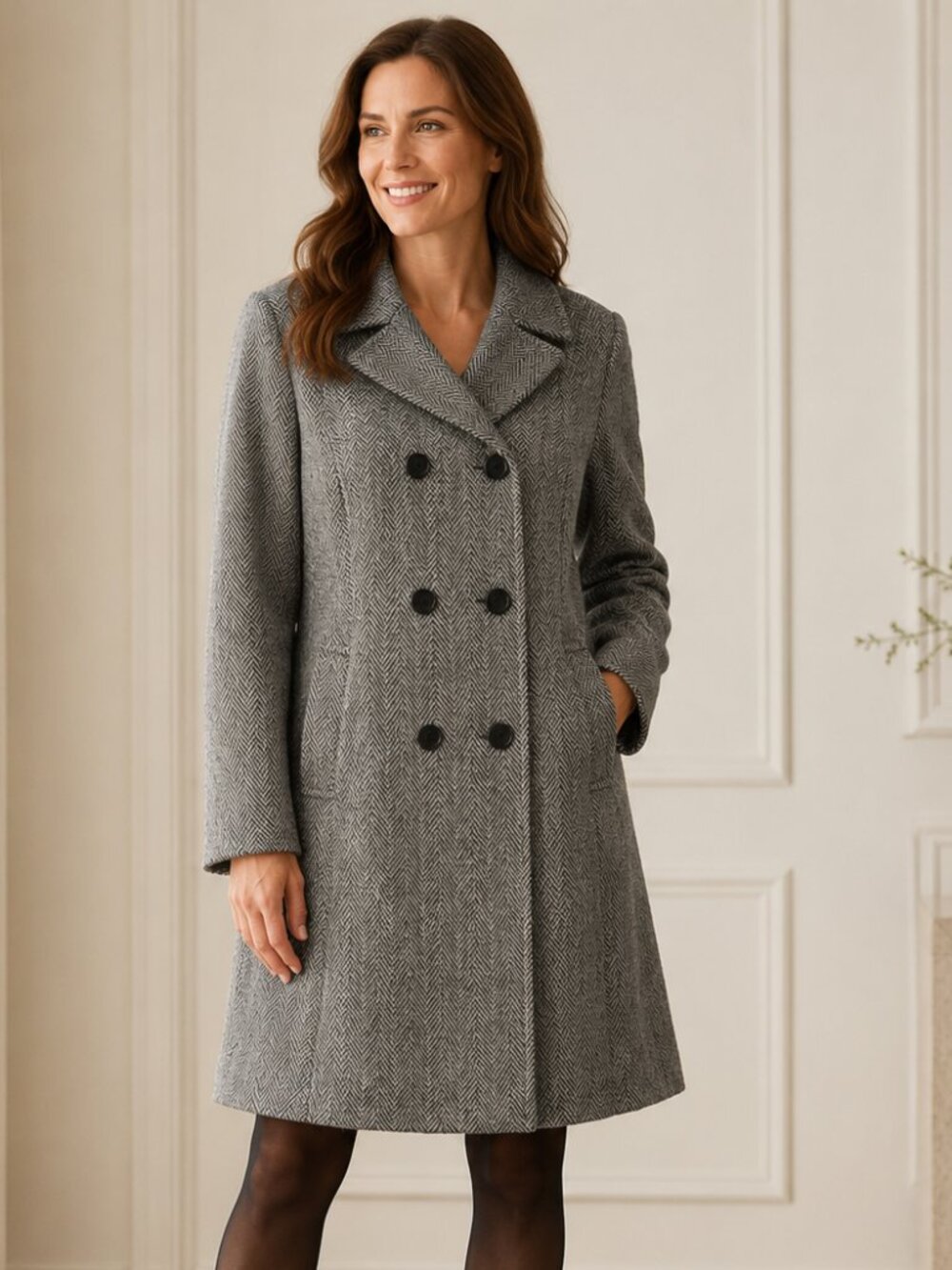 Jonathan Michaels Vintage Double-Breasted Wool Coat Herringbone Black Gray Sz 12